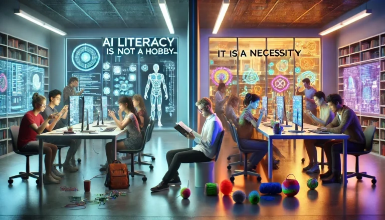 Split image with one group of students working and the other side of the screen doing hobbies. Futuristic scenario. Highlighting that AI literacy is not a habit.