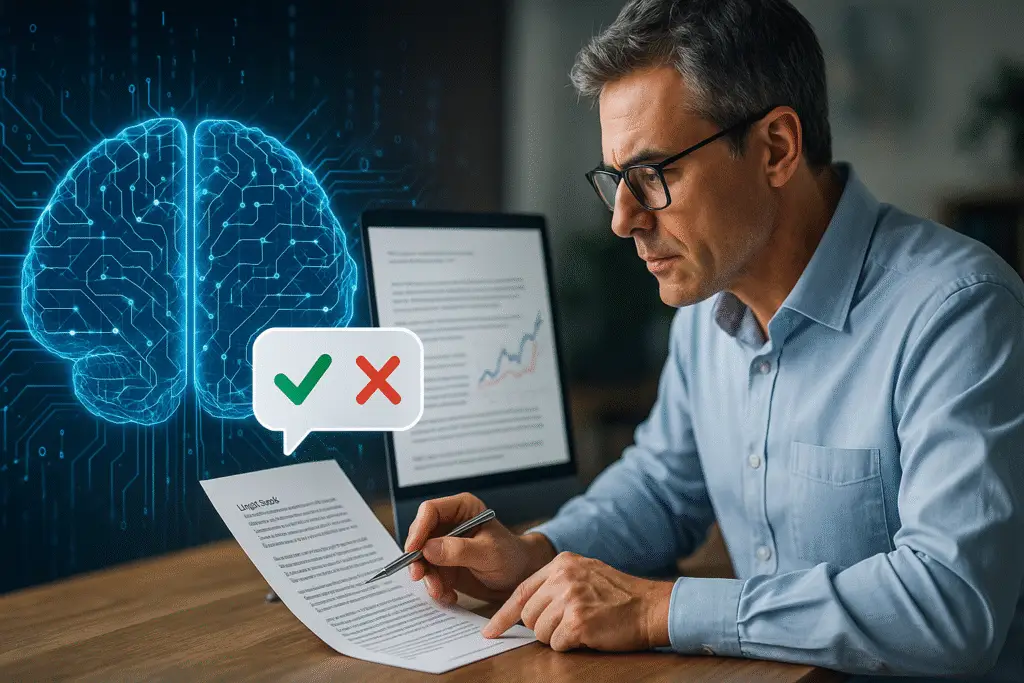 Male researcher verifying information from LLM with a computer screen in background and abstract brain image in background.