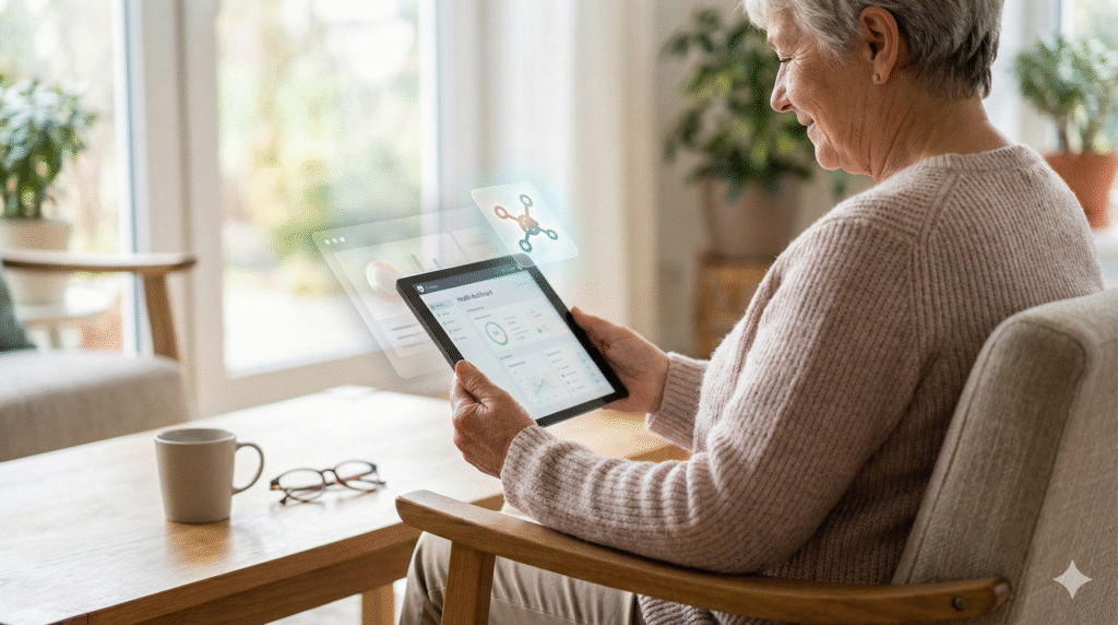 A smiling older woman sits in a sunlit living room, holding a tablet that projects holographic charts and data visualizations in front of her.