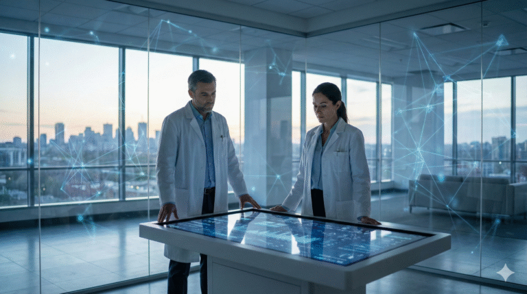 Abstract illustration of artificial intelligence intersecting with healthcare and society.