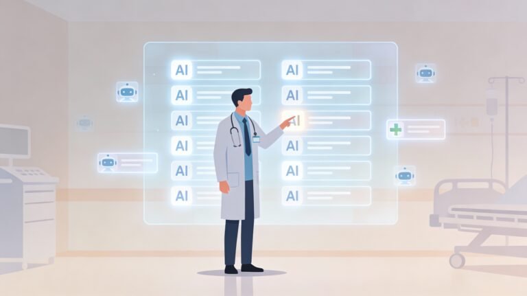 Clinician in a modern hospital setting standing at the center of the image, calmly reviewing a large semi-transparent digital screen that displays multiple softly glowing AI-generated suggestions as smaller floating panels around the main display. The clinician is clearly focused and in control, pointing to one specific item on the screen while the surrounding AI elements appear secondary and supportive. The background shows a subtle, muted hospital environment with cool tones and soft lighting, conveying trust, safety, and professionalism. The overall style is simple, flat, and clean, emphasizing that human clinical judgment and healthcare organizational accountability remain central, with AI serving as a helpful assistant rather than making decisions. (see the generated image above)
