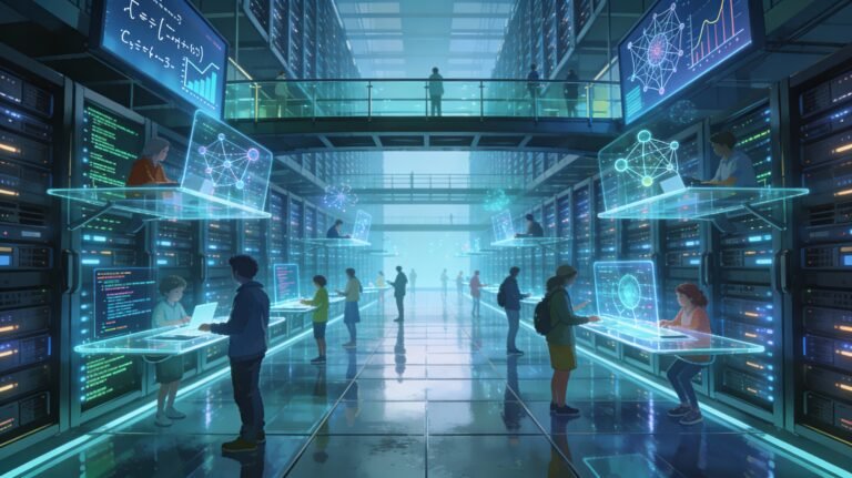A wide, futuristic data-center city filled with people working at glowing holographic displays between towering server racks, under cool blue lighting, conveying a nation of collaborating geniuses.