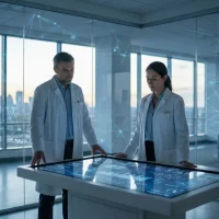 Abstract illustration of artificial intelligence intersecting with healthcare and society.